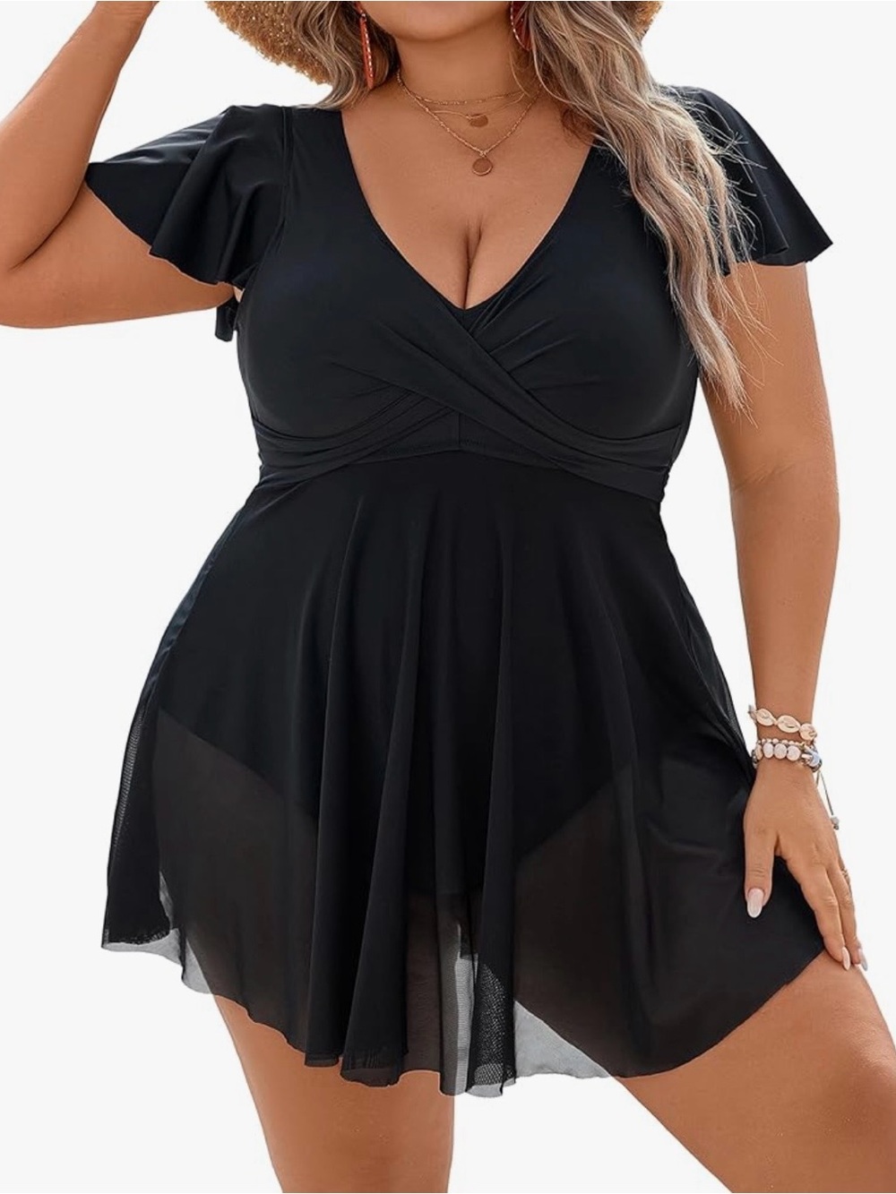 Black V-Neck Flutter Sleeve One-Piece Swimdress